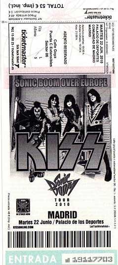 Ticket from 22 June 2010 show Madrid, Spain