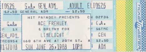 Ticket from Ace Frehley New York, NY, USA 26 June 1988 show