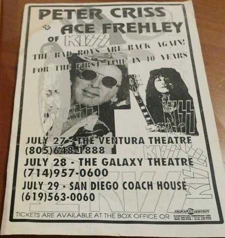 Flyer from Ace Frehley San Diego, CA, USA 29 July 1995 show